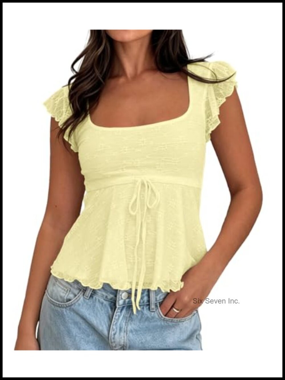 Boho Floral Mesh Ruffle Peplum Crop Tank Top Tie Front Cap Sleeve